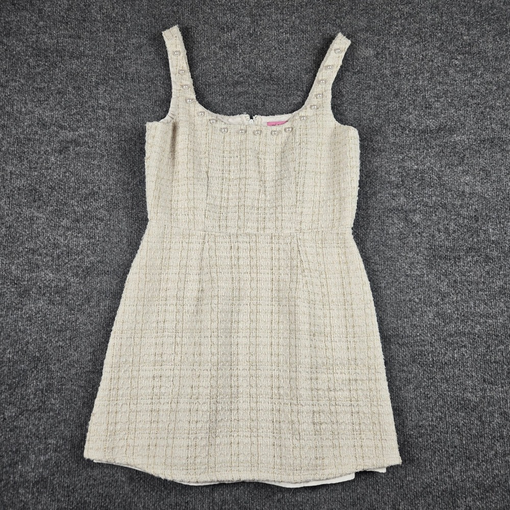 Mi Ami for Francesca's Tweed Pearl Mini Dress Womens M Cream Gold Metallic Party
